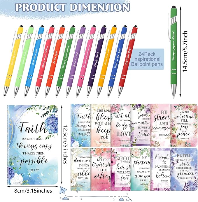 PerKoop 48 Pcs Christian Gifts Notebooks and Pens Bulk - Bible Pocket Notebooks Scripture Ballpoint Pens, Flower Inspirational Journal Faith Based Gifts for Church Coworkers Women Nurses Staff