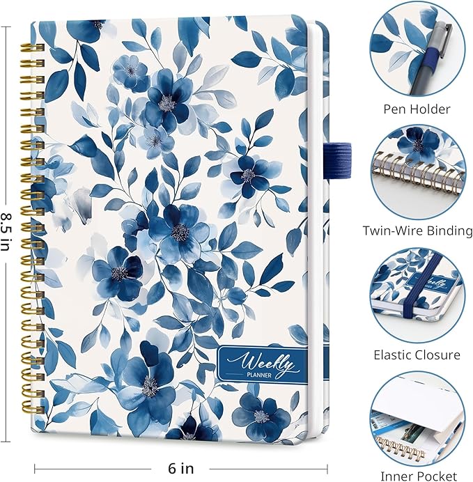 Taja Undated Weekly Planner, Weekly To Do List Notebook with Goal & Habit Tracker Organizer, A5 Weekly Planner Notebook with Spiral Binding, 6.1" x 8.2" - Blue Blossom
