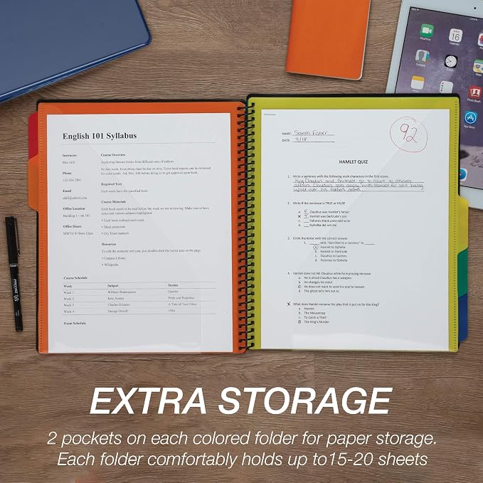 Samsill Spiral Folder Organizer - 5 Dividers & 10 Pockets with Notepad & Clipboard, Multi Pocket Color Cordinated Folder Binder with Customizable Tabs, Document Organizer (Basic)