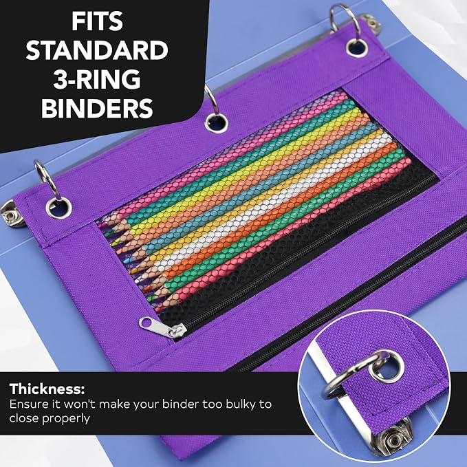 3 Ring Pencil Pouch for Binder, 2-Pocket Zipper Pencil Case with Clear Window & Mesh Pocket, Heavy Duty 600D Oxford Fabric Binder Pouch for School Office Supplies, Fits Standard 3-Ring Binders, Purple