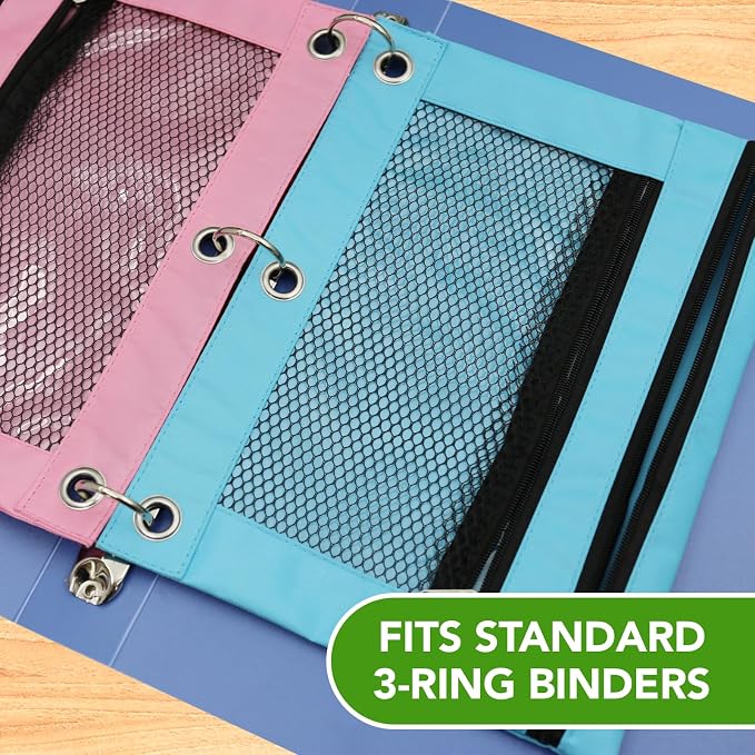 Pencil Pouch for 3 Ring Binder, Heavy Duty Canvas Dual Zipper Pen Bag with Clear Window, Smooth Metal Zipper, Fit Standard 3-Ring Binders for School Office Travel Supplies (Sky Blue)