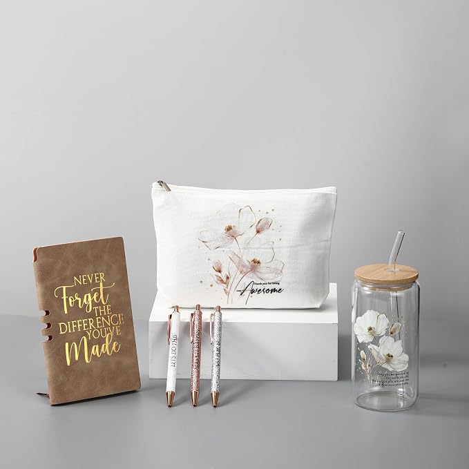 Funnymoom 6 Pcs Appreciation Gifts Set for Women Back to School Teacher Gifts Employee Thank You Gift with 17 oz Glass Tumbler Journal Pens and Pouch for Coworkers Educators,Floral,White