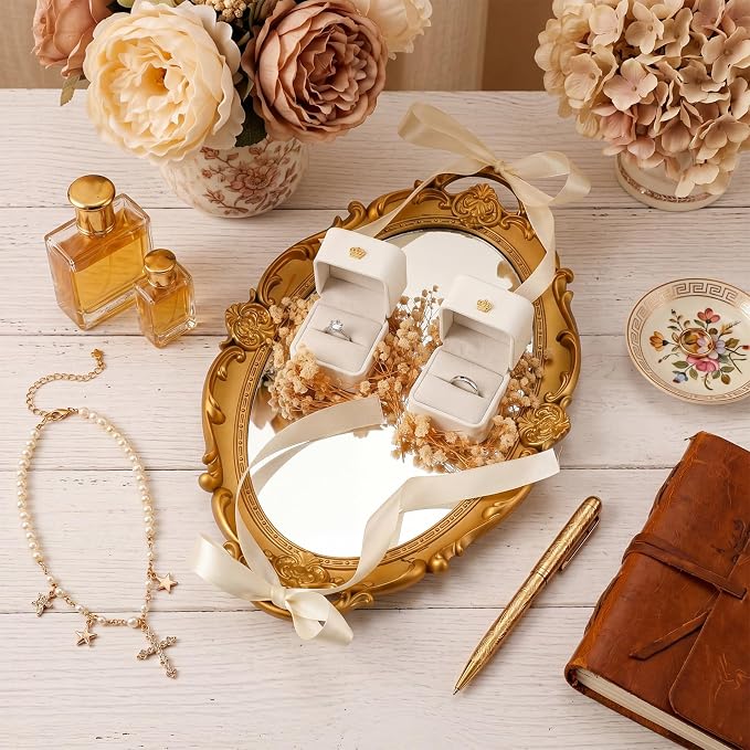 Liliaafar Gold Wedding Mirror Tray with 2 Pcs Ring Boxes Mirrors Flat Circle Plates with Floral Ribbon Design Trays for Table Centerpieces Wedding Party Centerpieces