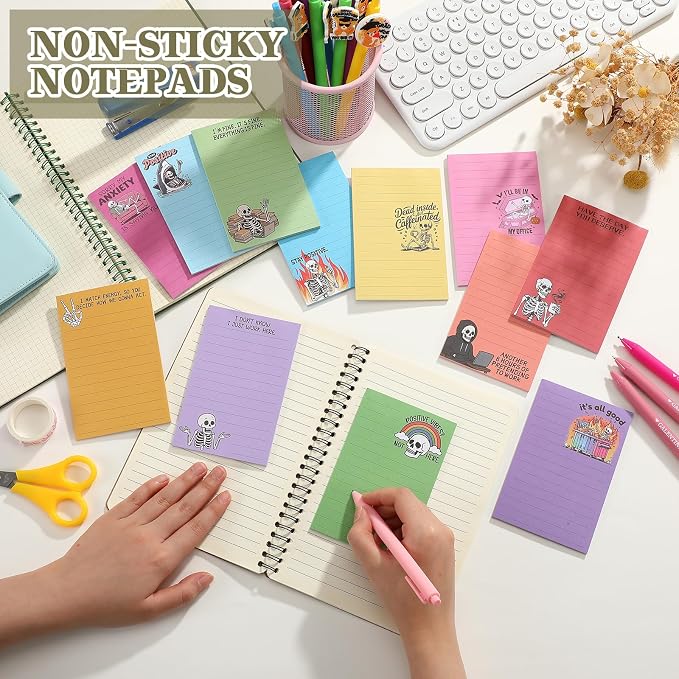 12 Pack Funny Notepads, 5x3 Inches Sarcastic Note Pads Memo Fun Office Gifts for Coworkers Work Women Men Employee Teacher Boss Desk Accessories Gifts(Skull,Multicolor)