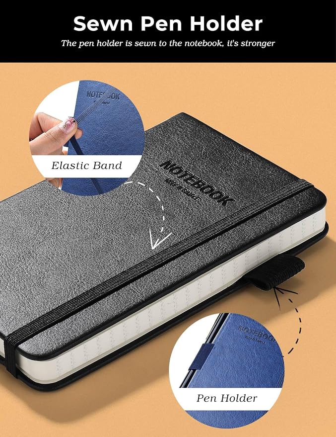 AISBUGUR Pocket Notebook Small Notebook 2-Pack, 3.7" x 5.7" Pocket Notebooks Hardcover with Thick Lined Paper, Inner Pockets, Cover Letter Embossing Design Mini Journal Notepad Black+Navy