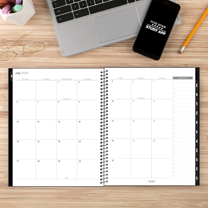 Five Star Planner 2026-2027 Weekly & Monthly Academic 12-Month July-June Advance Student Planner + Study App, 8-1/2" x 11", Black (CAW65905)