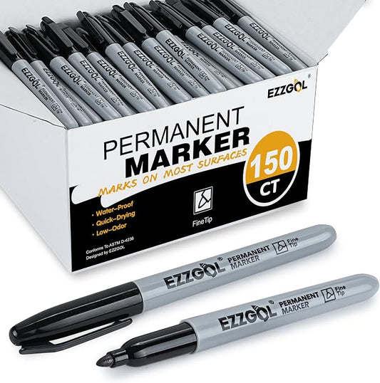 Ezzgol Permanent Markers Bulk, 150 Pack Fine Tip Black Permanent Markers, Waterproof Markers, Premium Smear Proof Pens, Quick Drying, Office Supplies for School, Office, Home