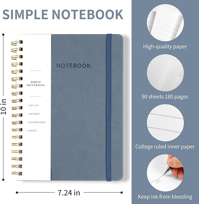 Spiral Notebook - 7.24" x 10" College Ruled Journal with Inner Pockets and 180 Pages, PU Leather Cover Business Journal, Twin-Wire Binding Notebook Perfect for Office & Home School Supplies ReefBlue