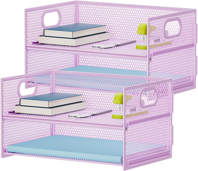 Marbrasse 2 Tier Paper Organizer Letter Tray, Mesh File Organizer with Handle, Paper Sorter Desk Organizer for Home Office Supplies - 2P Purple