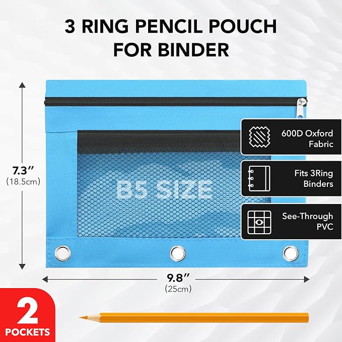 3 Ring Pencil Pouch for Binder, 2-Pocket Zipper Pencil Case with Clear Window & Mesh Pocket, 600D Oxford Fabric Binder Pouch for School Office Supplies, Fits Standard 3-Ring Binders, Sky Blue