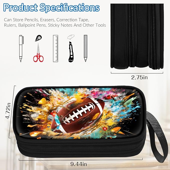 TILYTADLY Large Pencil Case for Boys - American Football Boys Pencil Pouch with Zipper Compartments - Big Capacity Pen Box Pen Bag Organizer with Keychain for Kids Teens School