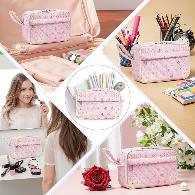 WOBAGMEN Quilted Pencil Pouch for Girls Women, Large Pencil Case Pouch with Compartments Cute Aesthetic Pencil Case Organizer, Floral Pencil Bag for School Supplies (pink pin)