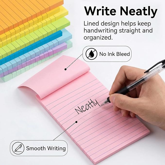 (9 Pack) BOKUGE Lined Sticky Notes 4x6 in, Strong Adhesive Self Stick Note Pads, Sticky Notes with Lines, 9 Colorful Options, Perfect for Office, Classroom, Task Reminders, Smooth Writing