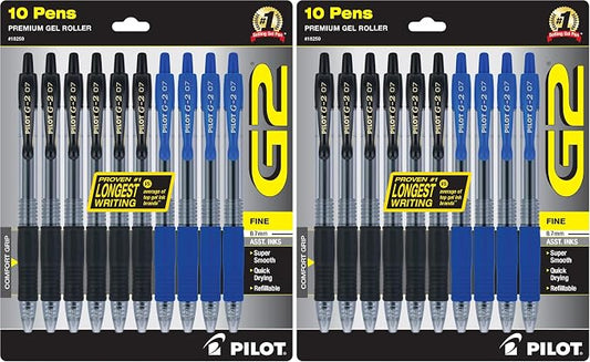 PILOT G2 Premium Refillable & Retractable Rolling Ball Gel Pens, 0.7mm Fine Point, 6 Black and 4 Blue Pens (Pack of 2, 10 Count Total)