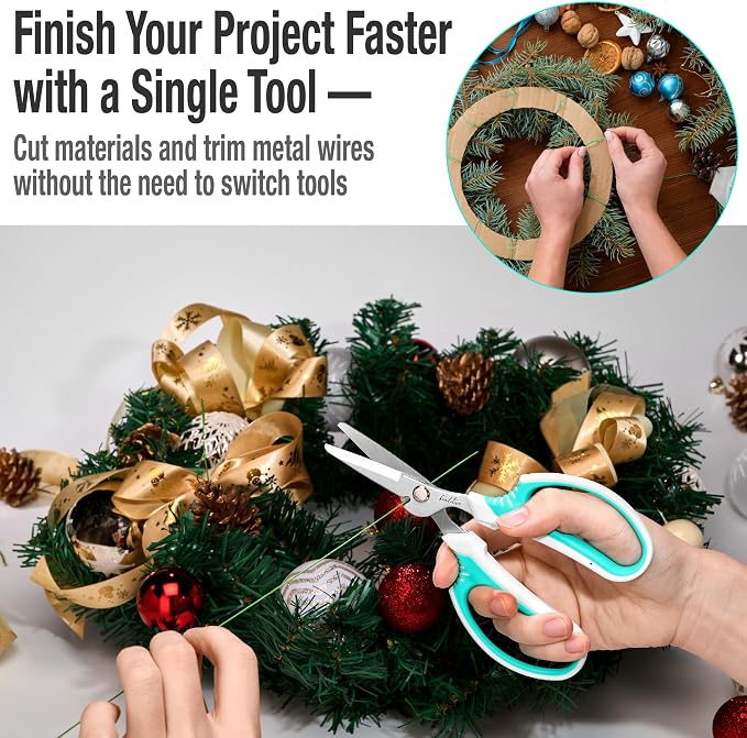 Beaditive Multipurpose Craft Scissors With Wire Cutter - High-Leverage with Sharp Carbon Steel Blades - Ergonomic Sewing Scissors for Heavy Duty Projects - Office, Scrapbook, Leather Scissors