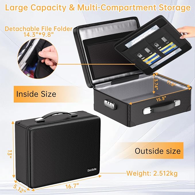 DocSafe 6400°F Fireproof Document Box with Lock, 10 Layers Heat Insulated | Fire&Water Resistant, Hard Case Safe Box with Zipper＆Multi Pockets, Protects Personal Items,Documents,Laptop,Passport, Black