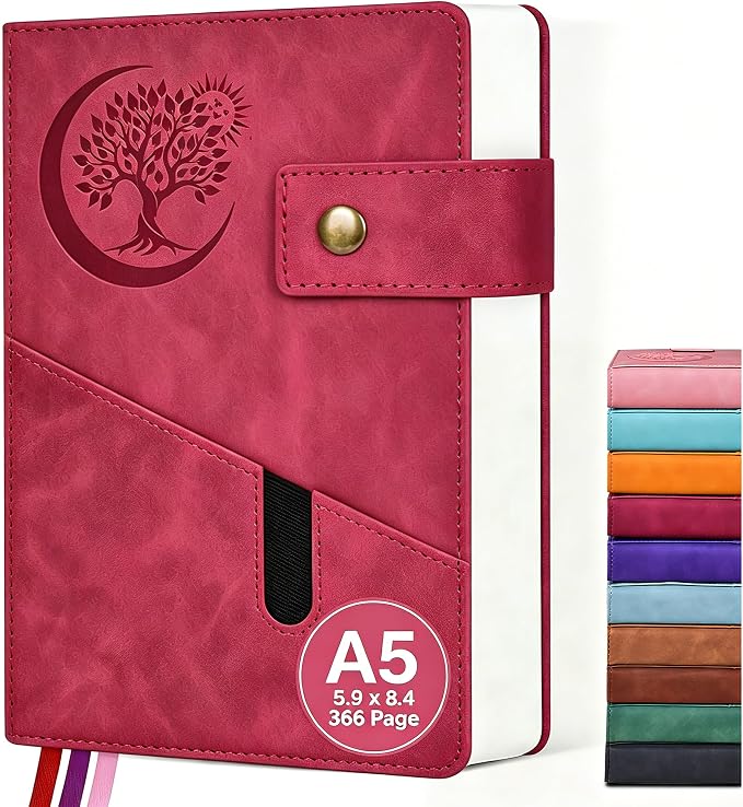 PAIBAS A5 Journal Notebook College Ruled 366 Page Leather Journal for Women | Medium notebook A5 journal with 100gsm lined notebook paper, 3 ribbon bookmarks, cover pocket & brass snap button 5.9"x8.4"