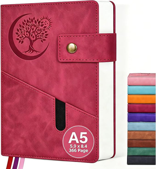 PAIBAS A5 Journal Notebook College Ruled 366 Page Leather Journal for Women | Medium notebook A5 journal with 100gsm lined notebook paper, 3 ribbon bookmarks, cover pocket & brass snap button 5.9"x8.4"