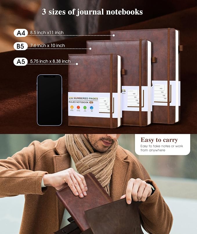 Lined Leather Journal Notebook for Men Women, Hardcover Journals with 256 Numbered Pages, A5 Journaling Notebooks for Writing, 100GSM Thick Ruled Paper for Business Work School 5.75"×8.38", Brown