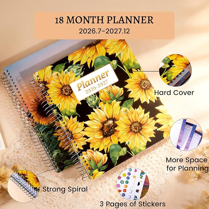 CAGIE Planner 2026-2027 18 Month July 2026-Dec 2027 Hourly Daily Calendar Weekly Monthly Planners Hardcover Large Yearly Agenda with Stickers Tabs for Women Work Mom, 8.5 x 11, Sunflower