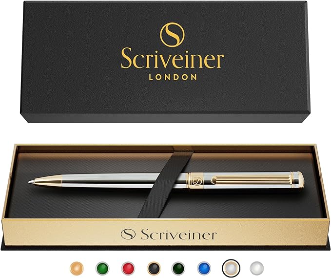 Scriveiner Silver Chrome Ballpoint Pen - Stunning Luxury Pen, Real Gold Plating, Schmidt Black Refill, Best Ball Pen Gift Set for Men & Women, Professional, Executive, Office, Nice, Fancy Pens