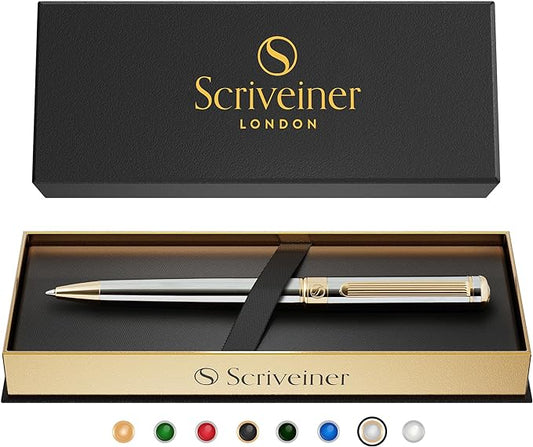Scriveiner Silver Chrome Ballpoint Pen - Stunning Luxury Pen, Real Gold Plating, Schmidt Black Refill, Best Ball Pen Gift Set for Men & Women, Professional, Executive, Office, Nice, Fancy Pens