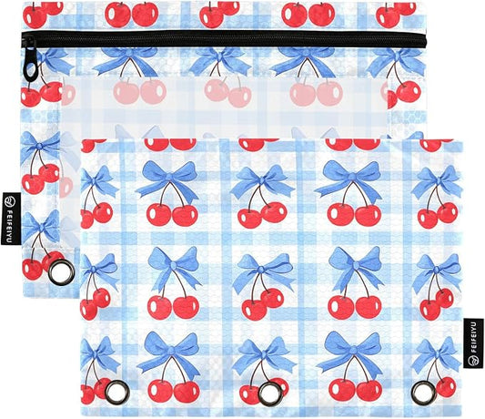 Cherry Blue Bow Buffalo Plaid Pencil Pouch for 3 Ring Binder 2 Pack Zipper Binder Pencil Bag with Clear Window Pencil Case for Office Supplies