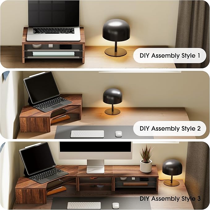 Fenge Dual Monitor Stand, Corner Desk Shelf with Drawer & Slide-Out Tray | Modular Design for Flexible Layouts, 2-Tier Storage Desktop Organizer for Computer, Laptop, Printer and Telephone