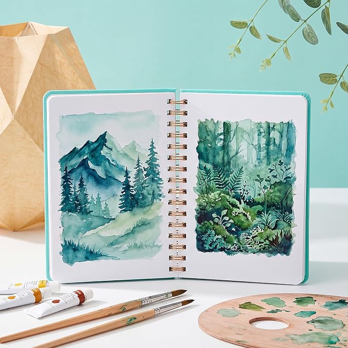 Dispowreath Watercolor Sketchbook 5.5" x 8.5" Spiral Bound Water Color Journal 24 Sheets 140lb/300g Cold Press Small Linen Watercolor Sketchbook for Mixed Media Drawing and Markers (Turquoise)