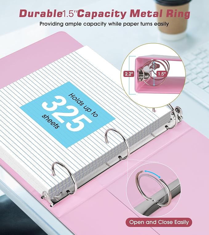 3 Ring Binder 1.5 inch，Cute Binder Organizer with 5 Tab Dividers Fits 175 Sheets of 8.5x11 Paper, Customizable Clear Cover with Inside Pockets, Aesthetic 1.5" Three Ring Binders for School Office，Pink