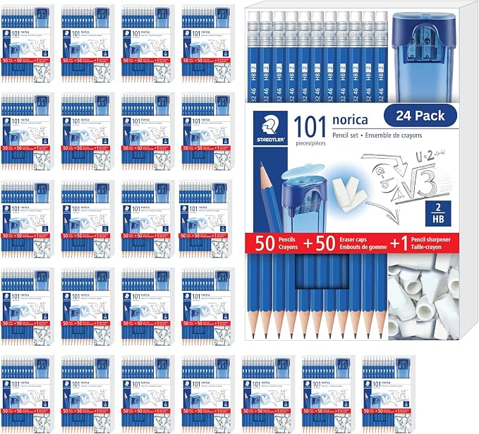 STAEDTLER Norica Pencil Set 24 Pack (24 sets of 101 pcs) - 50 Pre-sharpened #2 HB Pencils with 50 Eraser Caps & Double-Hole Sharpener, Break-Resistant Lead, School Pack | 1200 Pencils #2 Pre-sharpened, 1200 Eraser Caps, 24 Sharpeners Double-Hole, Break...