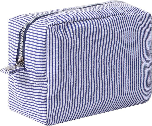 Large Capacity Striped Pencil Case Cosmetic Bag with Zipper Portable Stationery Organizer Pouch for School Students Teens Travel Toiletry Bag (Navy Blue)