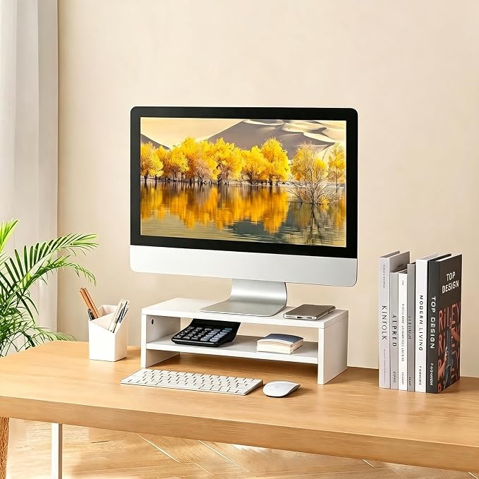 BEYGORMMonitor Stand Riser, White, 16.5 inch, 2 Tiers Wood Desk Shelf | Computer Screen Stand with Storage, For Desktop Laptop/Screen/TV/PC/Printer 16.5"L x 7.8"W x 5.2"H