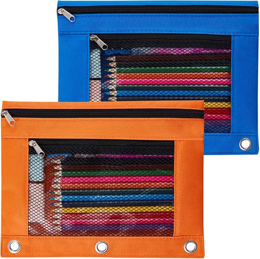 Sooez Pencil Pouch for 3 Ring Binder, 2 Pack Fabric Binder Pouch with 2 Pockets, Pencil Bags with Zipper and Reinforced Grommets, Pencil Cases for Binder