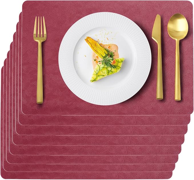 Red Plastic Placemats Set of 8, Faux Leather Waterproof Table Mats | Red Vinyl placemats,Wipeable and heat resistant table mats.Easy to clean,great for indoor and outdoor
