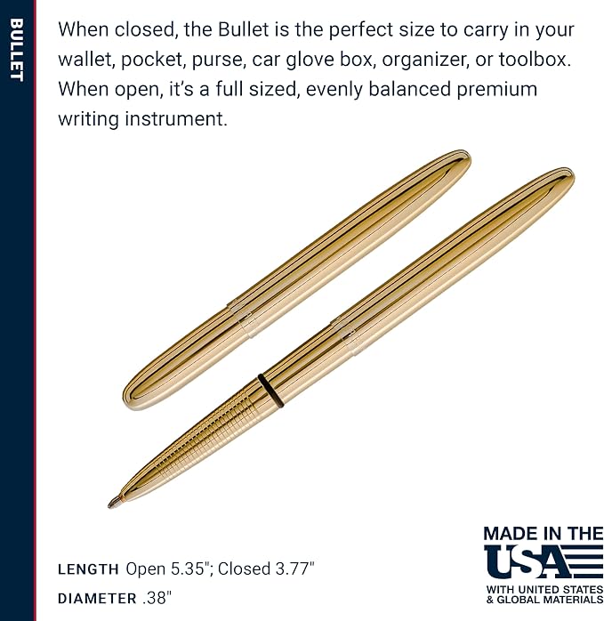 Fisher Space Pen Solar Flare Gold Titanium Nitride Bullet Pen, Pressurized Ballpoint Pen, Compact Size, Writes Upside Down, Extreme Temperatures, Black Ink, Medium Point, Gift Box, Made in USA
