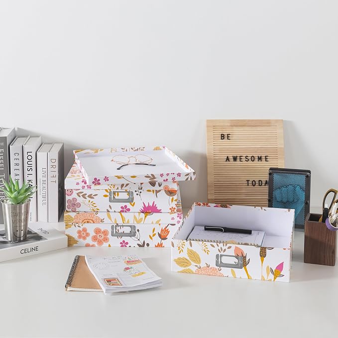 Soul & Lane - Keepsake Storage Boxes with Lids, Set of 3, Floral Collage | Decorative Cardboard Document Box Set for Photos, Scrapbooks and Memories, Large Pretty Letter Organizers for Organizing