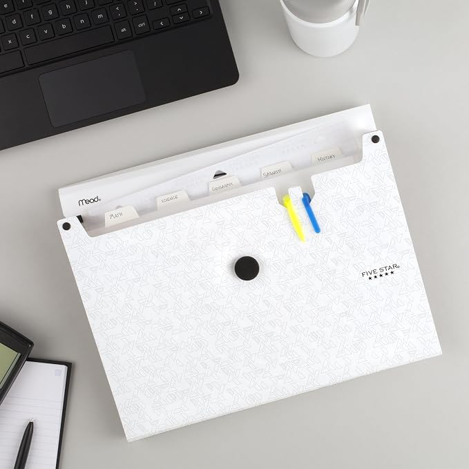 Five Star Expanding File Organizer, 6-Pocket Accordian File Organizer, Bungee Closure, Holds 8-1/2" x 11" Paper, White (350100E-ECM) (Pack of 6)