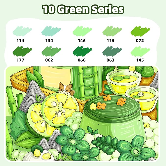 LIULIUCAI 10 Green Dual Markers, Fine & Brush Tip Pen for Adult Coloring | Lush Green Markers, Colored Pens for Landscapes, Leaves, Nature Journals, Botanical Art, Drawing Illustration Lettering