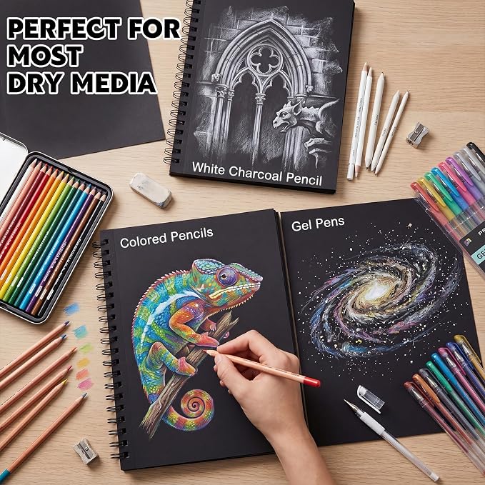 Black Paper Sketchbook 2 Pack, 5.5 × 8.5 in, 100 Sheets, Spiral Bound | 160gsm Acid-Free Black Paper, Sturdy Spiral Binding, Clean Tear-Out Pages, Ideal for Colored Pencils, Chalk, And Gel Pens