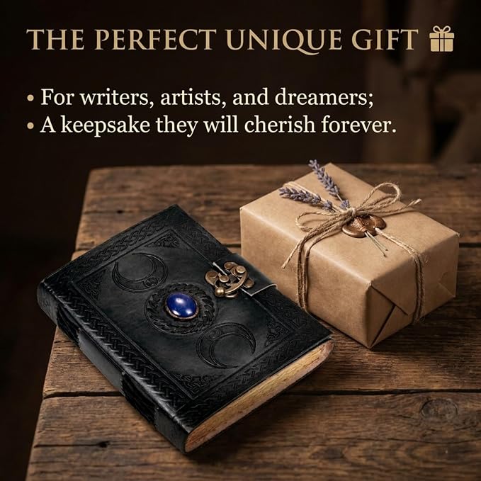 3 Moon Blue Lapis Embossed Vintage Leather Journal | 240 Pages of Antique Handmade Deckle Edge Vintage Paper, Leather Sketchbook, Drawing Journal, Great Gift (5 by 7 inch, black)