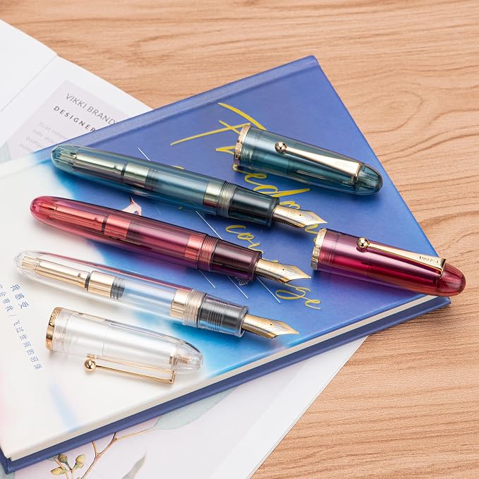Jinhao 9019 DaDao Series Fountain Pen, Size 8 Medium Nib with Refillable Large Ink Converter, Transparent Clear Design Smooth Writing Pen (Gold Trim)