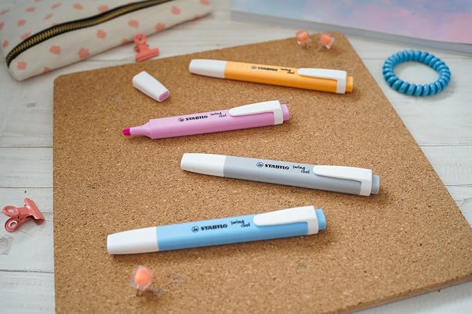 STABILO - swing cool Pastel - Highlighter - Pack of 4 - Dusty Grey, Frozen Fuchsia, Breezy Blue, Pale Orange | Pack of 4 - Dusty Grey, Frozen Fuchsia, Breezy Blue, Pale Orange