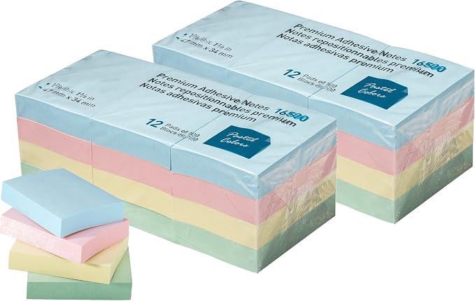 Sticky Notes, Mini Self-Stick Memo Notes - Self Adhesive - 1 ½ X 2 Inches - 100 Sheets Per Pad, 24 Pads Per Pack - Premium Quality - for Home, Office, School (Pastel)