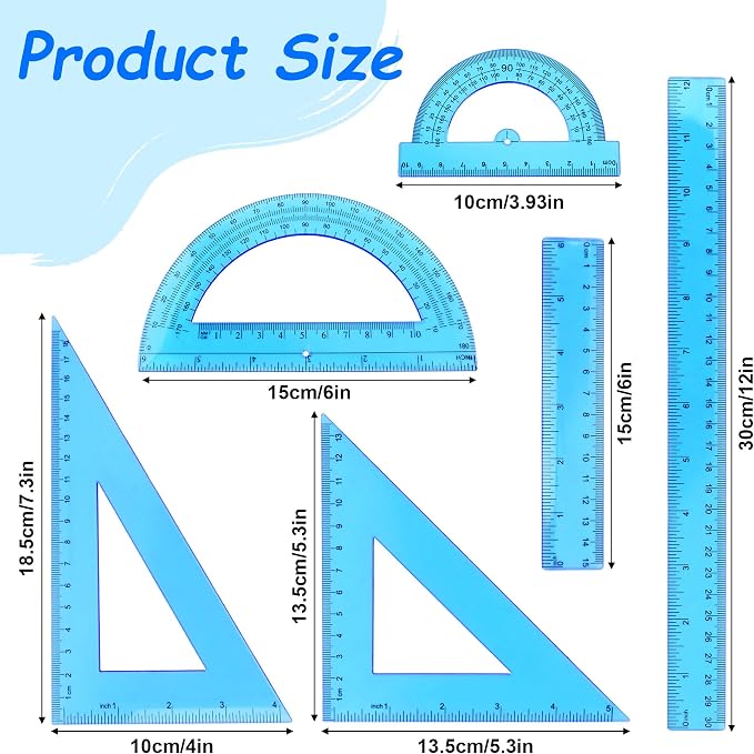 Plastic Clear Ruler Math Set - 6'' 12'' Transparent Straight Ruler, 4'' 6'' Protractor, 30/60 & 45/90 Triangle Ruler,Geometry Math Measuring Tool for School Office Drawing Teachers Kids Supplies Blue