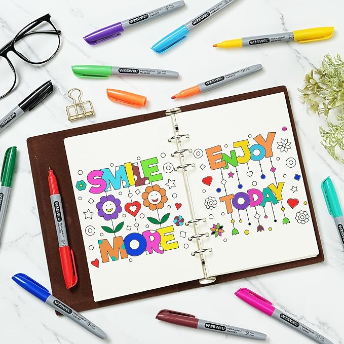 WOSWEL Permanent Markers Bulk, 144 Pack Permanent Marker Set, 12 Assorted Colors, Fine Point Tip, Fast Dry, Waterproof, work on Plastic, Glass, Metal, Wood and Stone, Perfect for School, Office, Home