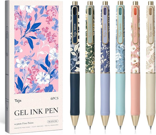 Taja Gel Pens, Floral Aesthetic 6 Pcs Quick Dry Black Gel Ink Pens, 0.5mm Fine Point Smooth Writing Pens for Journaling and Note Taking, Cute Aesthetic Pens for Women & Men-Floral