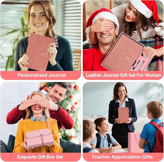 A5 Leather Journal for Women Men, Hardcover Notebook Set with Pen, Pink | 360 Pages 100GSM Lined Paper, Includes 6 Heart Bookmarks, Gift Box & Bag. Birthday, Graduation, Christmas, Appreciation Gifts