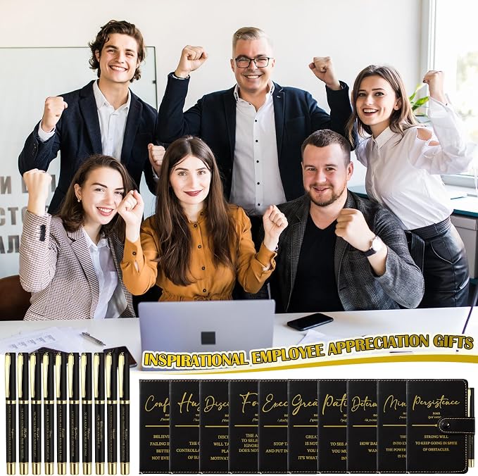 Tenceur 20 Sets Inspirational Gifts Bulk Leather Notebooks Pens with Growth Motivational Quotes for Employee Students Prizes Back to School Encouragement Appreciation Gifts (Black)
