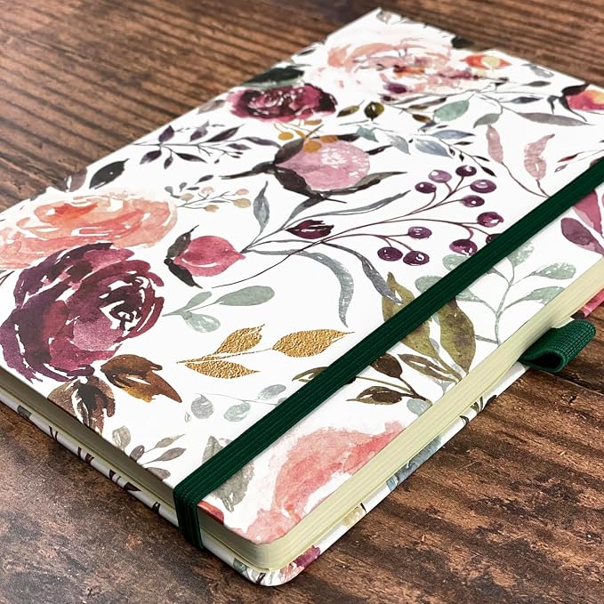 RICCO BELLO Lined Journal Notebook, Blossoms, Hardcover, 5.7x8.4" | 96 Sheets / 192 Pages, College Ruled, Pen Holder, For Work & Notes